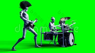 有趣的外星<strong>摇滚乐</strong>队。 低音，鼓，吉他。 现实运动和皮肤着色器。 4K绿屏镜头..